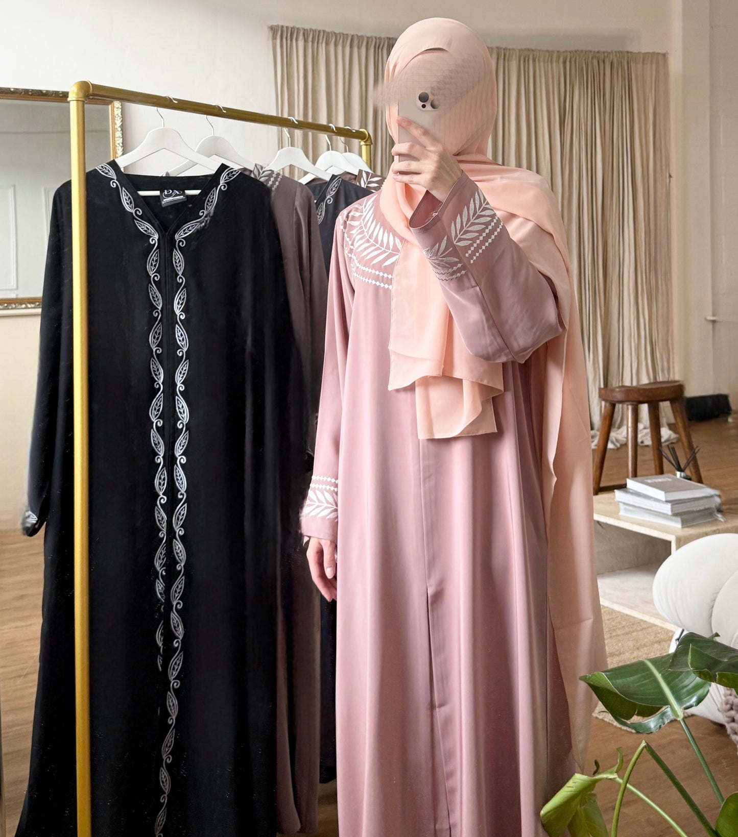 Pink White Leaf Abaya