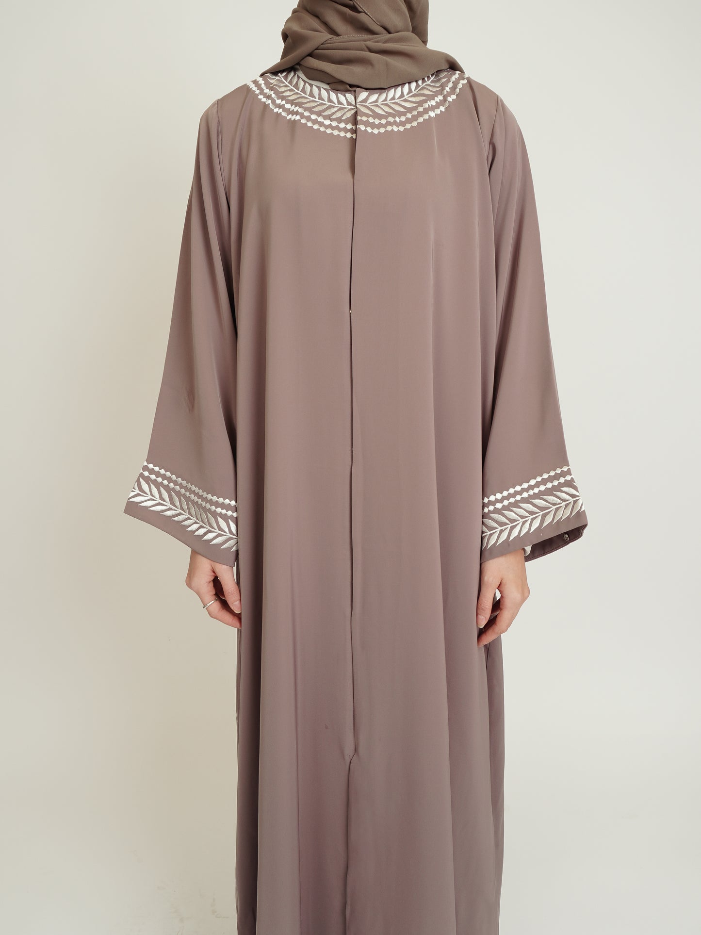 Tan White Leaf Abaya