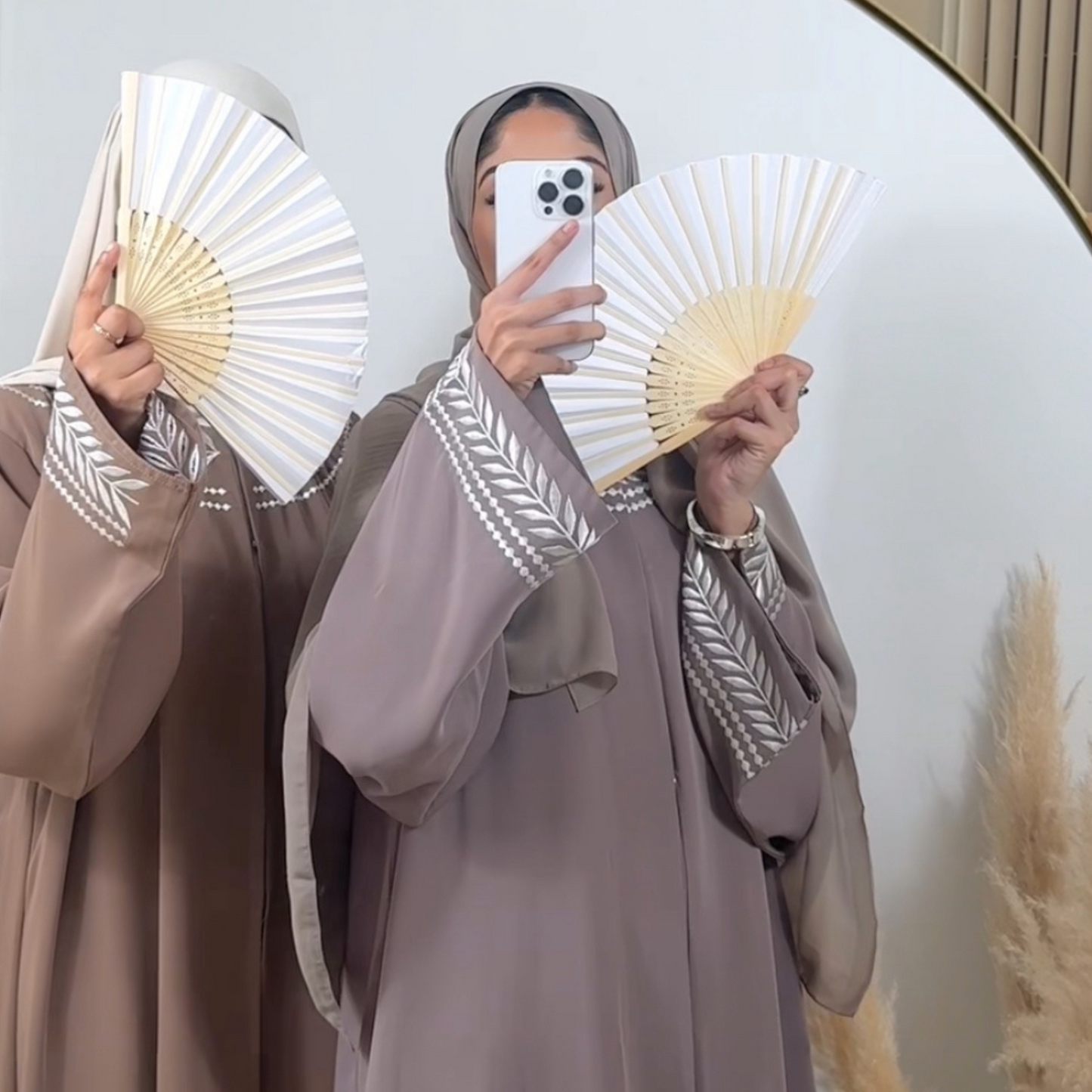 Tan White Leaf Abaya