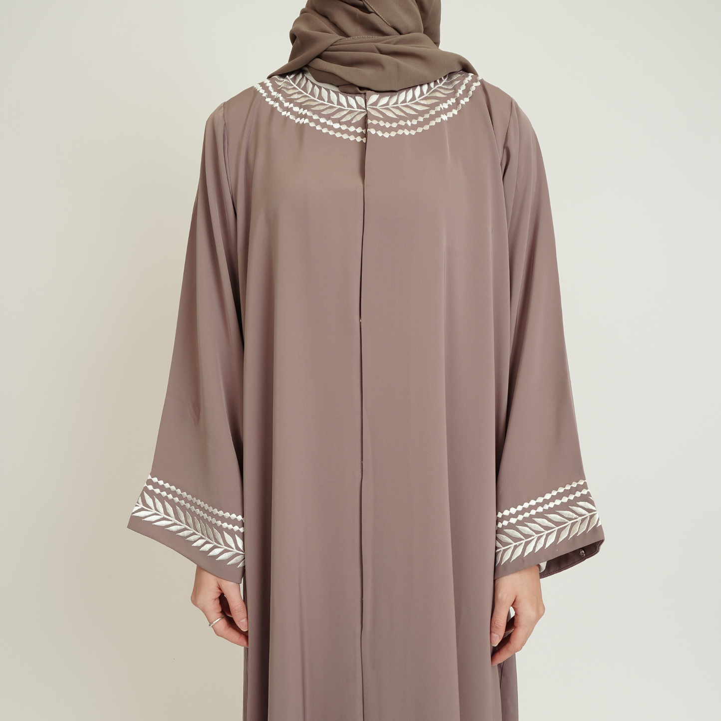 Tan White Leaf Abaya