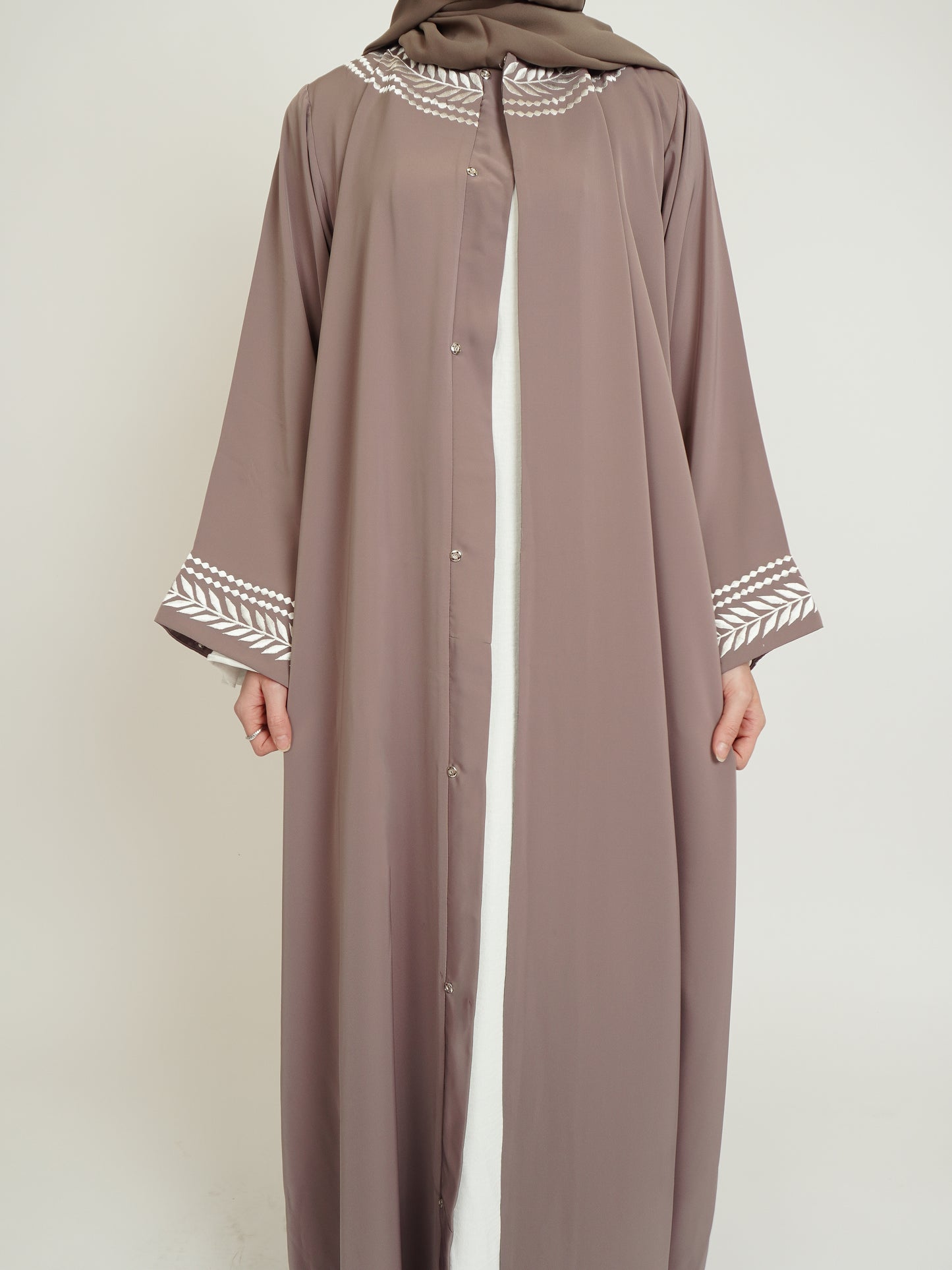 Tan White Leaf Abaya